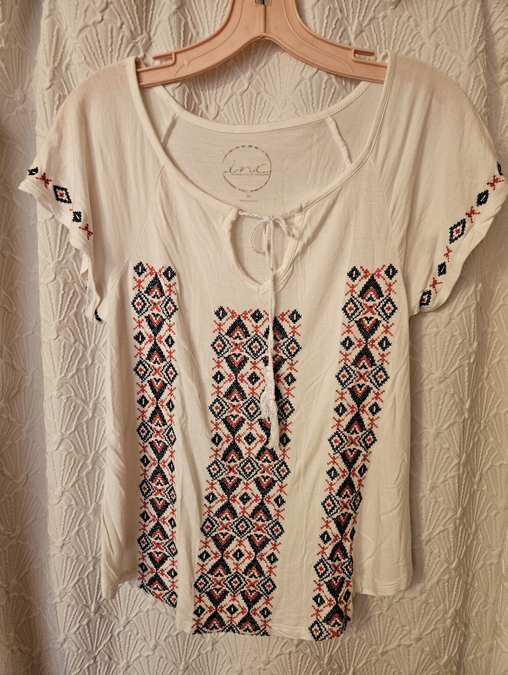 Ivory Embroidered Boho Tie-Front Top